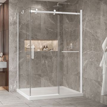 Porte de douche 54 po x Bellini 2.0 42 po en coin blanc mat fermeture sur retour mur à droite porte à gauche