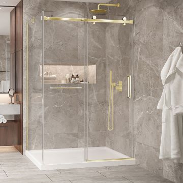 Porte de douche 54 po x Bellini 2.0 42 po en coin or brossé fermeture sur mur mur à droite en or brossé