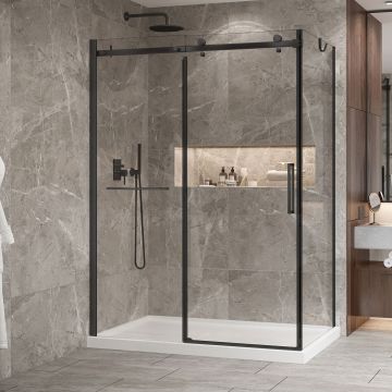 Porte de douche 60 po x Bellini 2.0 32 po en coin noir mat fermeture sur retour mur à gauche porte à droite