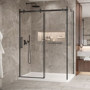 Porte de douche 60 po x Bellini 2.0 32 po en coin noir mat fermeture sur mur mur à gauche porte à gauche