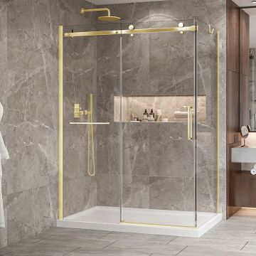 Porte de douche 60 po x Bellini 2.0 36 po en coin or brossé fermeture sur retour mur à gauche porte à droite en or brossé