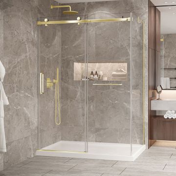 Porte de douche 60 po x Bellini 2.0 36 po en coin or brossé fermeture sur mur mur à gauche porte à gauche en or brossé