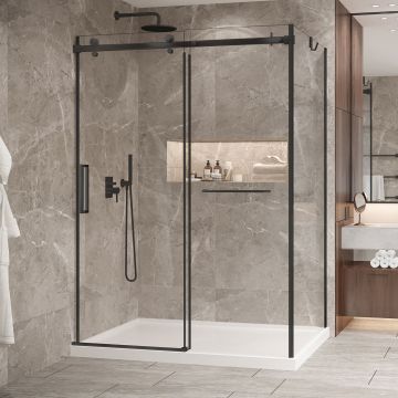 Porte de douche 60 po x Bellini 2.0 42 po en coin noir mat fermeture sur mur mur à gauche porte à gauche