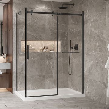Porte de douche 60 po x Bellini 2.0 32 po en coin noir mat fermeture sur retour mur à droite porte à gauche
