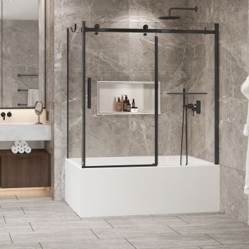 Porte de baignoire 60 po x Bellini 2.0 32 po en coin noir mat fermeture sur retour mur à droite porte à gauche