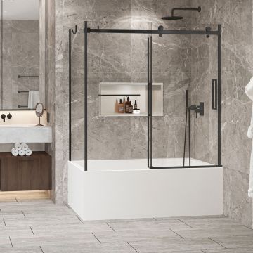 Porte de baignoire 60 po x Bellini 2.0 32 po en coin noir mat fermeture sur mur mur à droite porte à droite