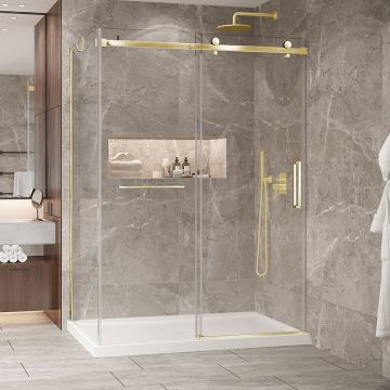 Porte de douche 60 po x Bellini 2.0 32 po en coin or brossé fermeture sur mur mur à droite porte à droite en or brossé