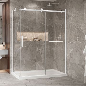 Porte de douche 60 po x Bellini 2.0 36 po en coin blanc mat fermeture sur retour mur à droite porte à gauche