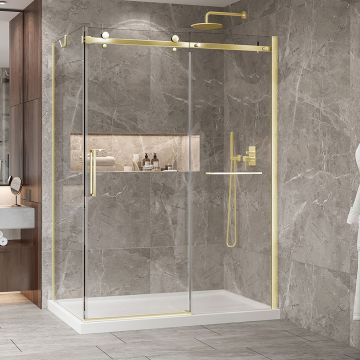 Porte de douche 60 po x Bellini 2.0 36 po en coin or brossé fermeture sur retour mur à droite porte à gauche en or brossé