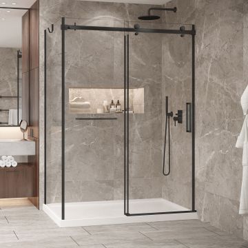 Porte de douche 60 po x Bellini 2.0 36 po en coin noir mat fermeture sur mur mur à droite