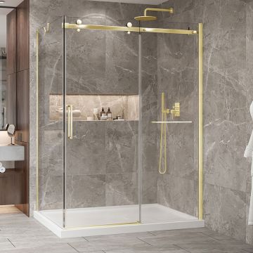 Porte de douche 60 po x Bellini 2.0 42 po en coin or brossé fermeture sur retour mur à droite porte à gauche en or brossé