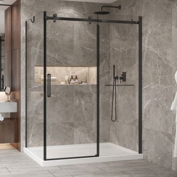 Porte de douche 60 po x Bellini 2.0 42 po en coin noir mat fermeture sur retour mur à droite porte à gauche