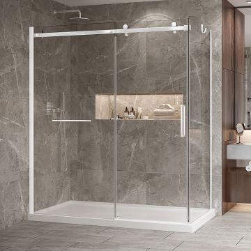 Porte de douche 72 po x Bellini 2.0 32 po en coin blanc mat fermeture sur retour mur à gauche porte à droite
