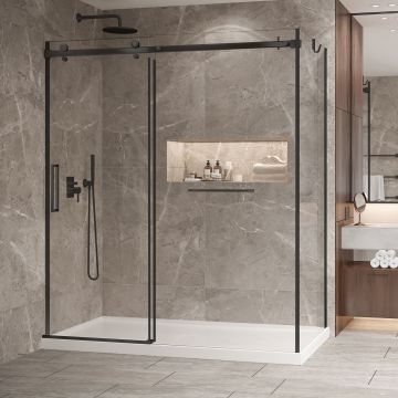 Porte de douche 72 po x Bellini 2.0 32 po en coin noir mat fermeture sur mur mur à gauche porte à gauche