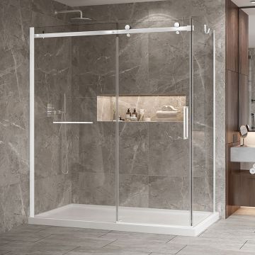 Porte de douche 72 po x Bellini 2.0 36 po en coin blanc mat fermeture sur retour mur à gauche porte à droite