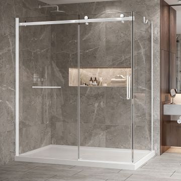 Porte de douche 72 po x Bellini 2.0 42 po en coin blanc mat fermeture sur retour mur à gauche porte à droite