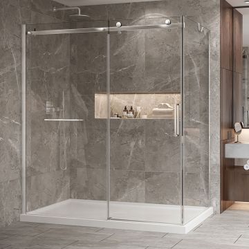 Porte de douche 72 po x Bellini 2.0 42 po en coin chrome fermeture sur retour mur à gauche porte à droite