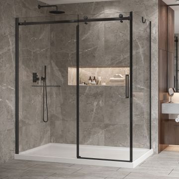 Porte de douche 72 po x Bellini 2.0 42 po en coin noir mat fermeture sur retour mur à gauche porte à droite