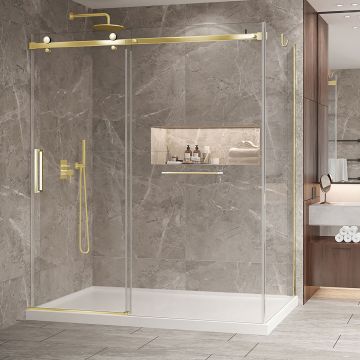 Porte de douche 72 po x Bellini 2.0 42 po en coin or brossé fermeture sur mur mur à gauche porte à gauche en or brossé