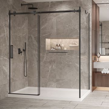 Porte de douche 72 po x Bellini 2.0 42 po en coin noir mat fermeture sur mur mur à gauche porte à gauche