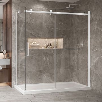 Porte de douche 72 po x Bellini 2.0 32 po en coin blanc mat fermeture sur retour mur à droite porte à gauche