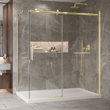 Porte de douche 72 po x Bellini 2.0 42 po en coin or brossé fermeture sur retour mur à droite porte à gauche en or brossé
