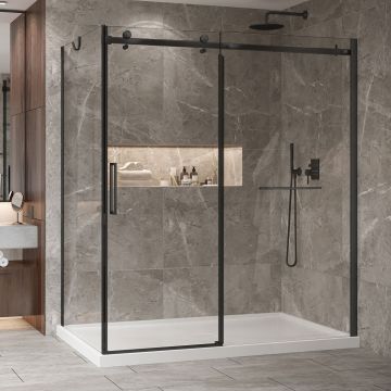 Porte de douche 72 po x Bellini 2.0 42 po en coin noir mat fermeture sur retour mur à droite porte à gauche