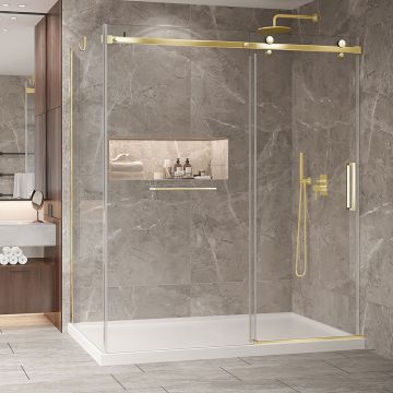 Porte de douche 72 po x Bellini 2.0 42 po en coin or brossé fermeture sur mur mur à droite en or brossé