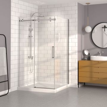 Porte de douche Bellini 54 po x 36 po en coin rectangulaire en angle, mur à gauche, Chrome