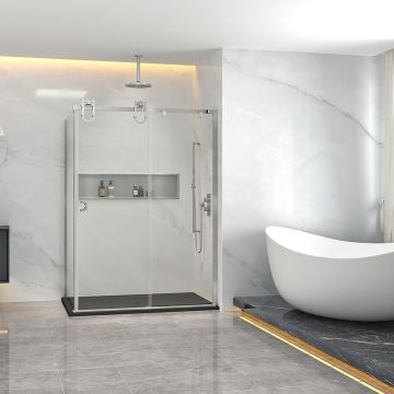 Porte de douche Barn en coin fermeture sur retour mur à droite porte à gauche en inox brossé