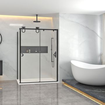 Porte de douche Barn en coin fermeture sur retour mur à droite porte à gauche en noir mat
