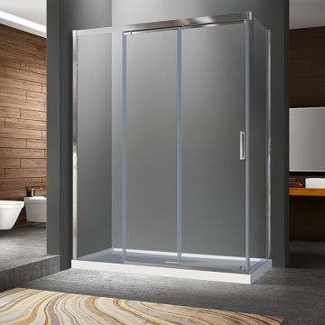 Porte de douche 60 po x Caldara 36 po en coin chrome fermeture sur retour mur à gauche porte à droite