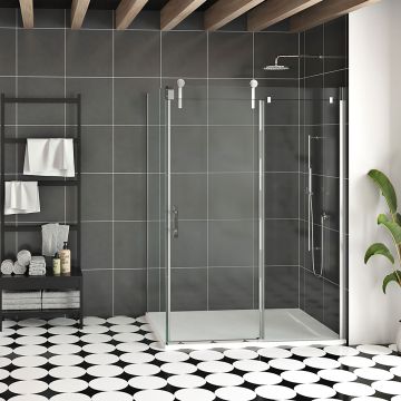 Porte de douche 60 po x Infinite 42 po en coin chrome fermeture sur retour mur à droite porte à gauche