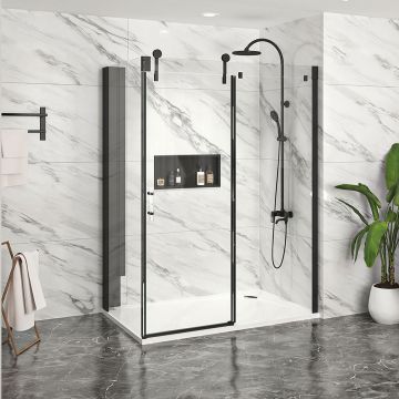 Porte de douche 60 po x Infinite 42 po en coin noir mat fermeture sur retour mur à droite porte à gauche