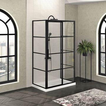Porte de douche 48 po x Mecanex 32 po noir mat sur mur porte à gauche
