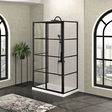 Porte de douche 48 po x Mecanex 36 po noir mat sur mur porte à droite