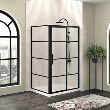 Porte de douche 48 po x Mecanex 42 po en coin noir mat fermeture sur retour mur à droite porte à gauche