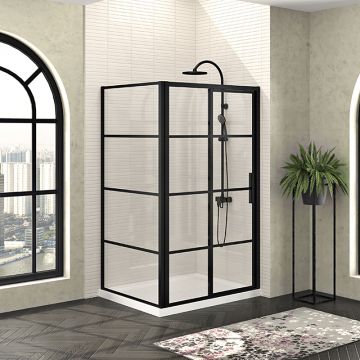 Porte de douche 48 po x Mecanex 42 po en coin noir mat fermeture sur mur mur à droite porte à droite