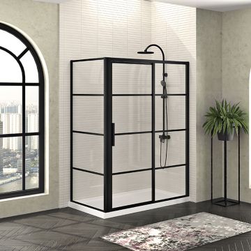 Porte de douche 60 po x Mecanex 36 po en coin noir mat fermeture sur retour mur à droite porte à gauche