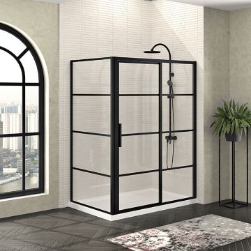 Porte de douche 60 po x Mecanex 42 po en coin noir mat fermeture sur retour mur à droite porte à gauche