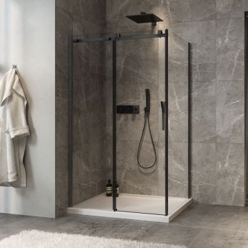 Porte de douche 48 po x Minia 32 po en coin noir mat fermeture sur retour mur à gauche porte à droite