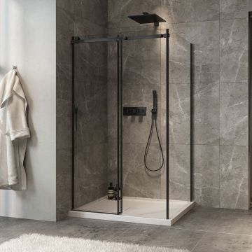 Porte de douche 48 po x Minia 32 po en coin noir mat fermeture sur mur mur à gauche porte à gauche