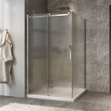 Porte de douche 48 po x Minia 42 po en coin chrome fermeture sur retour mur à gauche porte à droite en chrome et verre flûte