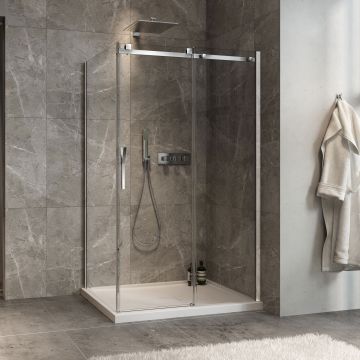Porte de douche 48 po x Minia 32 po en coin chrome fermeture sur retour mur à droite porte à gauche
