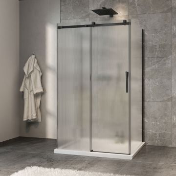 Porte de douche 48 po x Minia 36 po noir mat sur mur porte à droite en noir mat et verre flûte