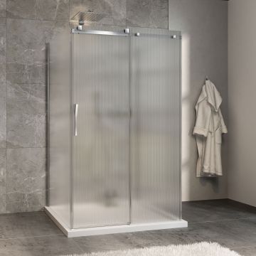 Porte de douche 48 po x Minia 42 po chrome sur mur porte à gauche en chrome et verre flûte