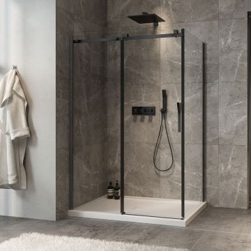 Porte de douche 54 po x Minia 32 po en coin noir mat fermeture sur retour mur à gauche porte à droite