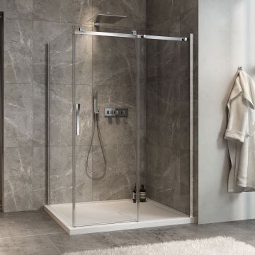 Porte de douche 54 po x Minia 42 po en coin chrome fermeture sur retour mur à droite porte à gauche