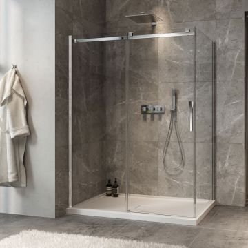 Porte de douche 60 po x Minia 32 po en coin chrome fermeture sur retour mur à gauche porte à droite