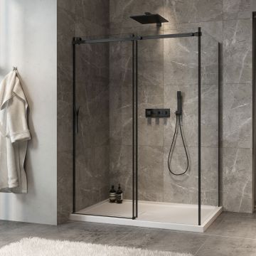 Porte de douche 60 po x Minia 32 po en coin noir mat fermeture sur mur mur à gauche porte à gauche